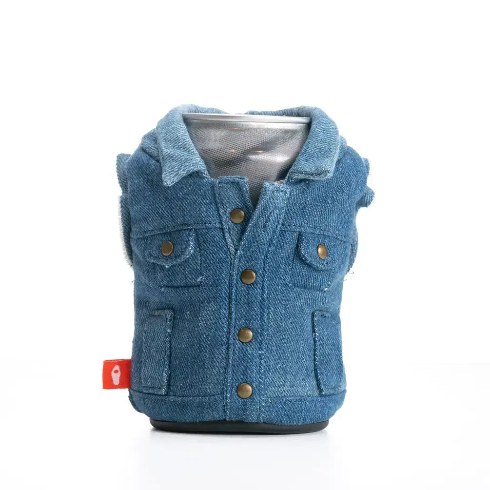Puffin Can Koozie: The Denim Vest Drink Koozie - Merca