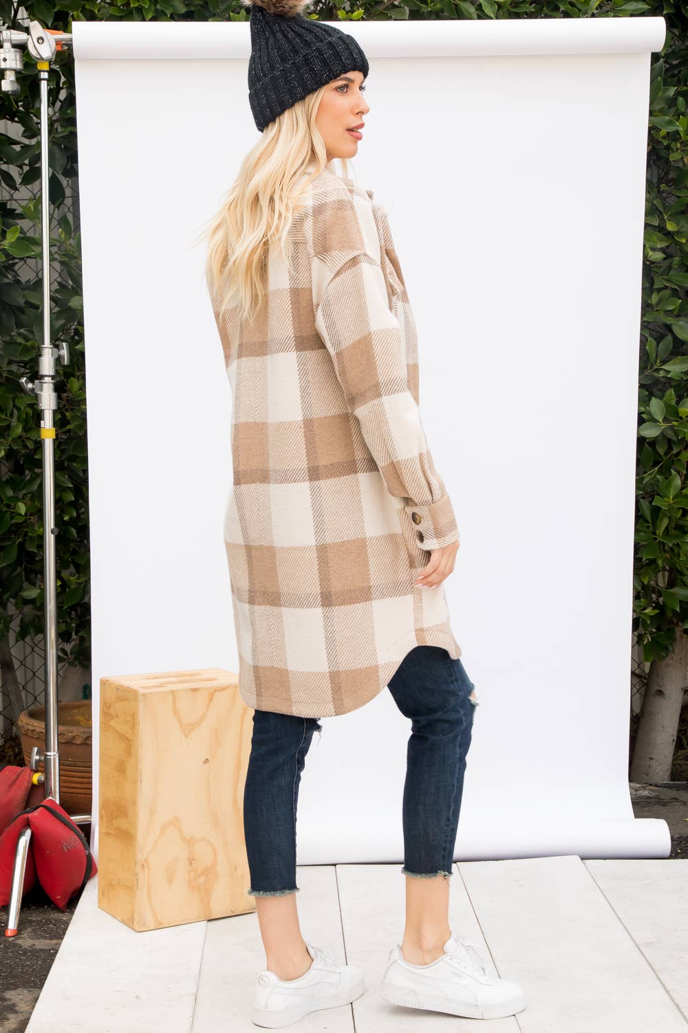 Wool Like Plaid Print Long Shacket