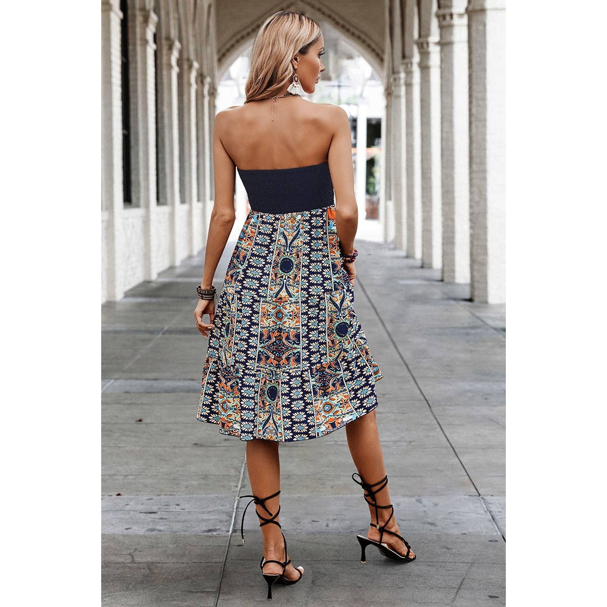 Off Shoulder Sleeveless Floral Dress in Navy
