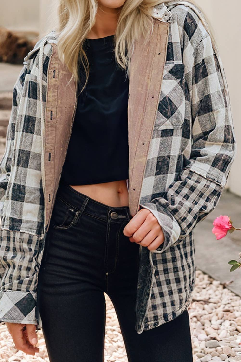 Plaid Patchwork Drawstring Hooded Shacket