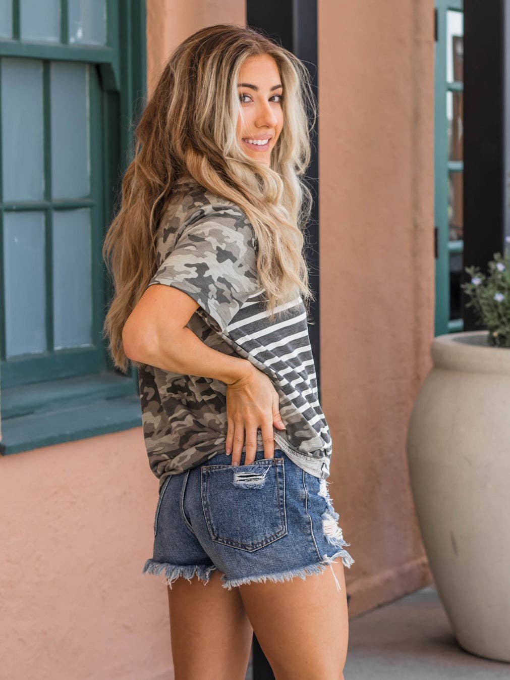 Camoflauge Stripe Tie Front Top