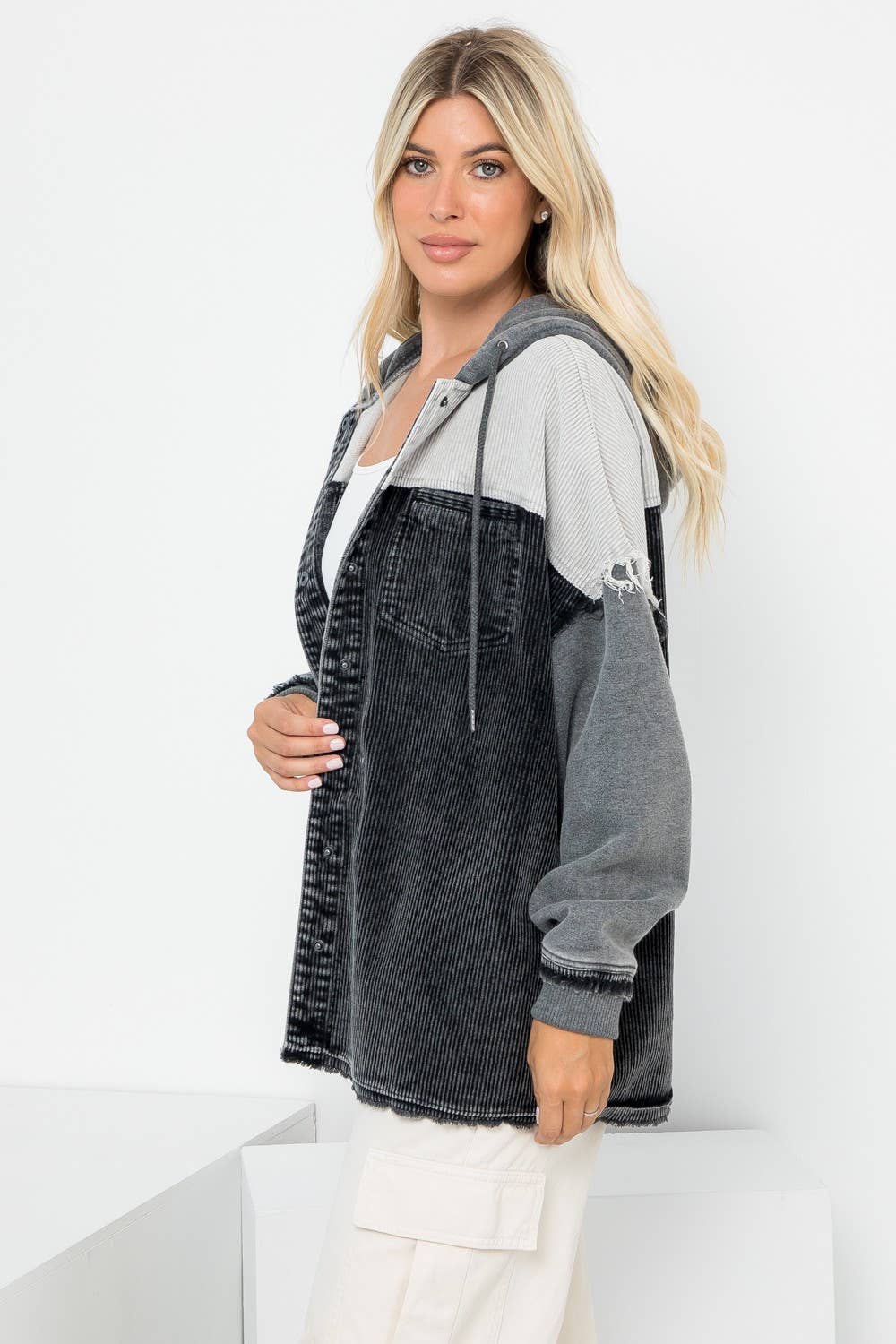 Washed Color Block Hooded Shacket