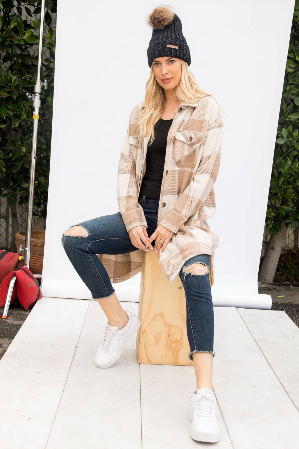 Wool Like Plaid Print Long Shacket