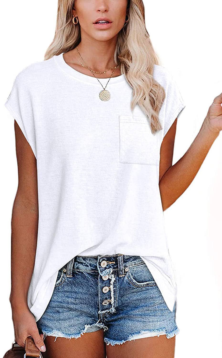 Cap Sleeve Shirts Solid Loose Fit Tops