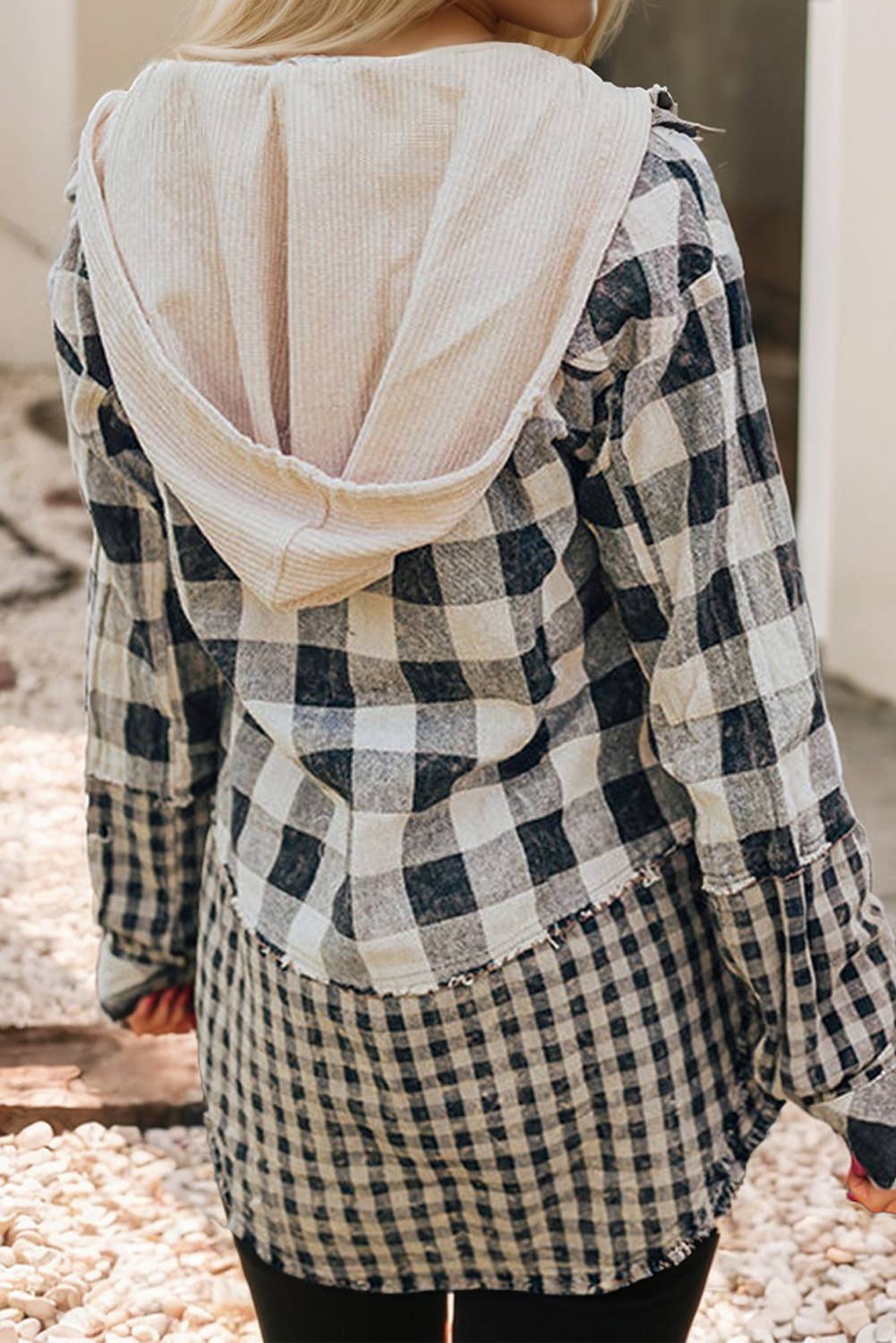 Plaid Patchwork Drawstring Hooded Shacket