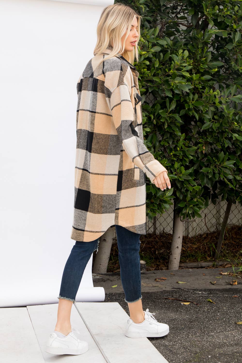 Wool Like Plaid Print Long Shacket