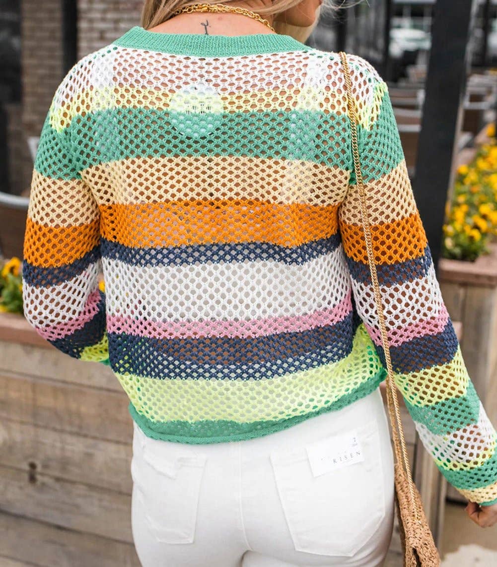 Colorblock Stripe Crochet Knit Sweater