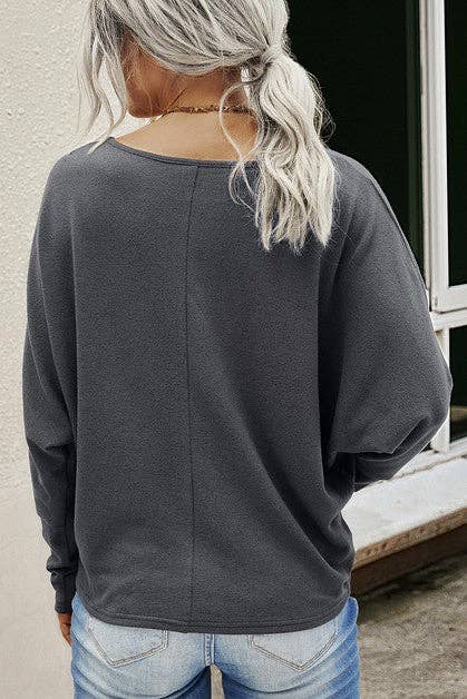 ROUND NECK BUTTON LONG SLEEVES TOP in Charcoal