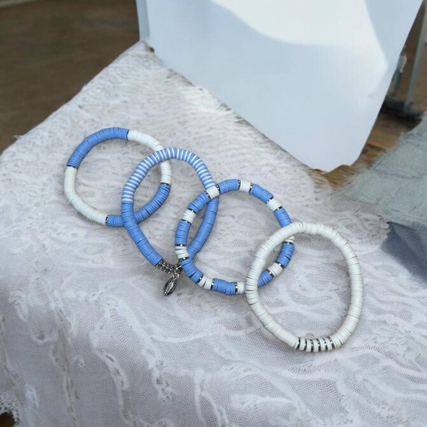 Light Blue and White Game Day Bracelet Stack