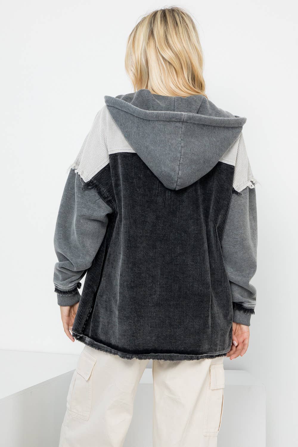 Washed Color Block Hooded Shacket