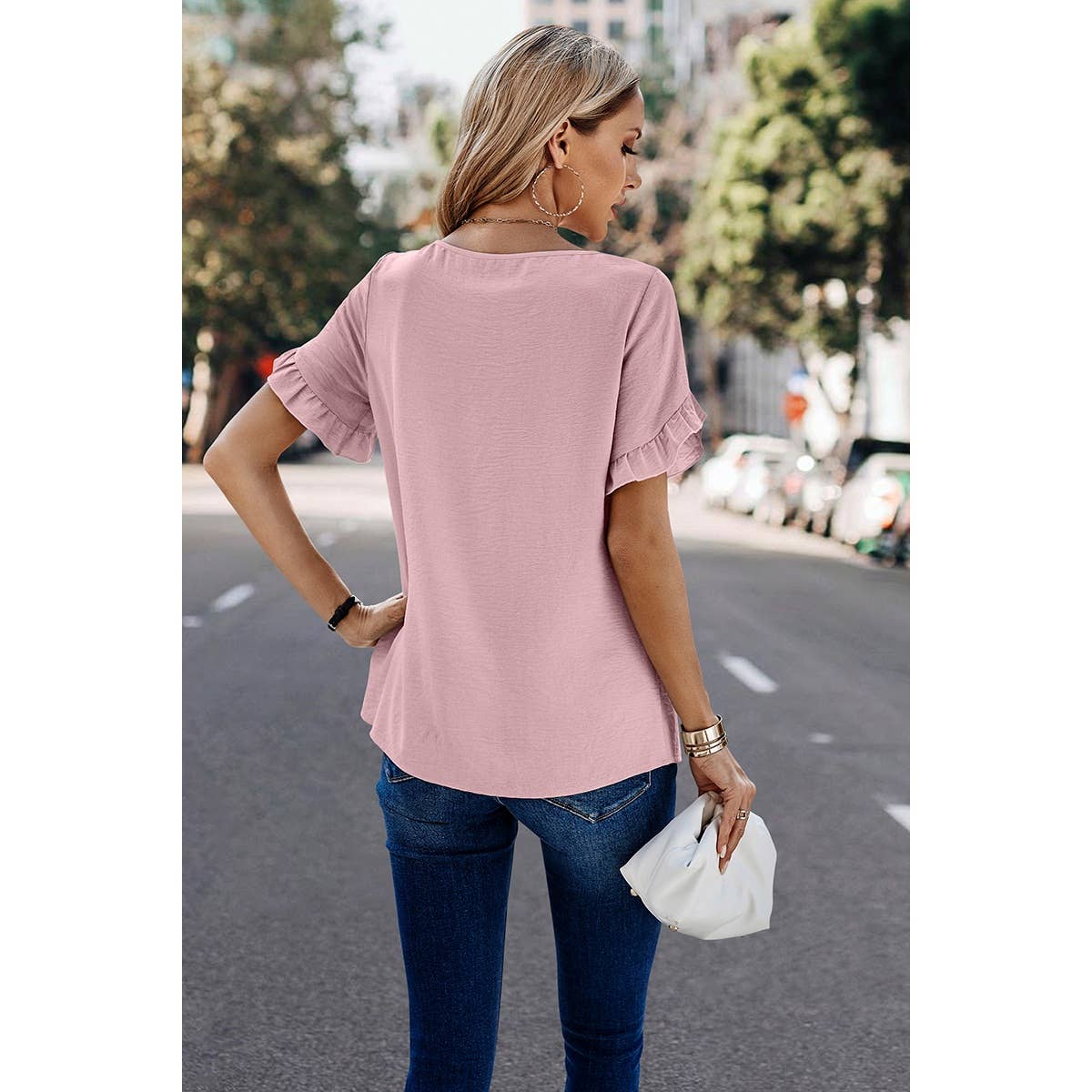 Solid Round Neck Ruffle Loose Fit Top