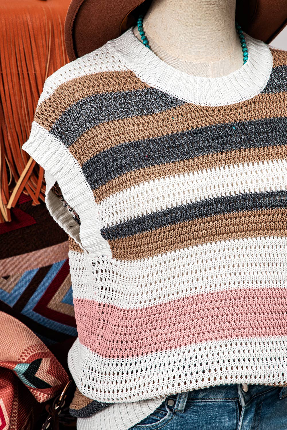Stripe Knit Short Sleeve Sweater