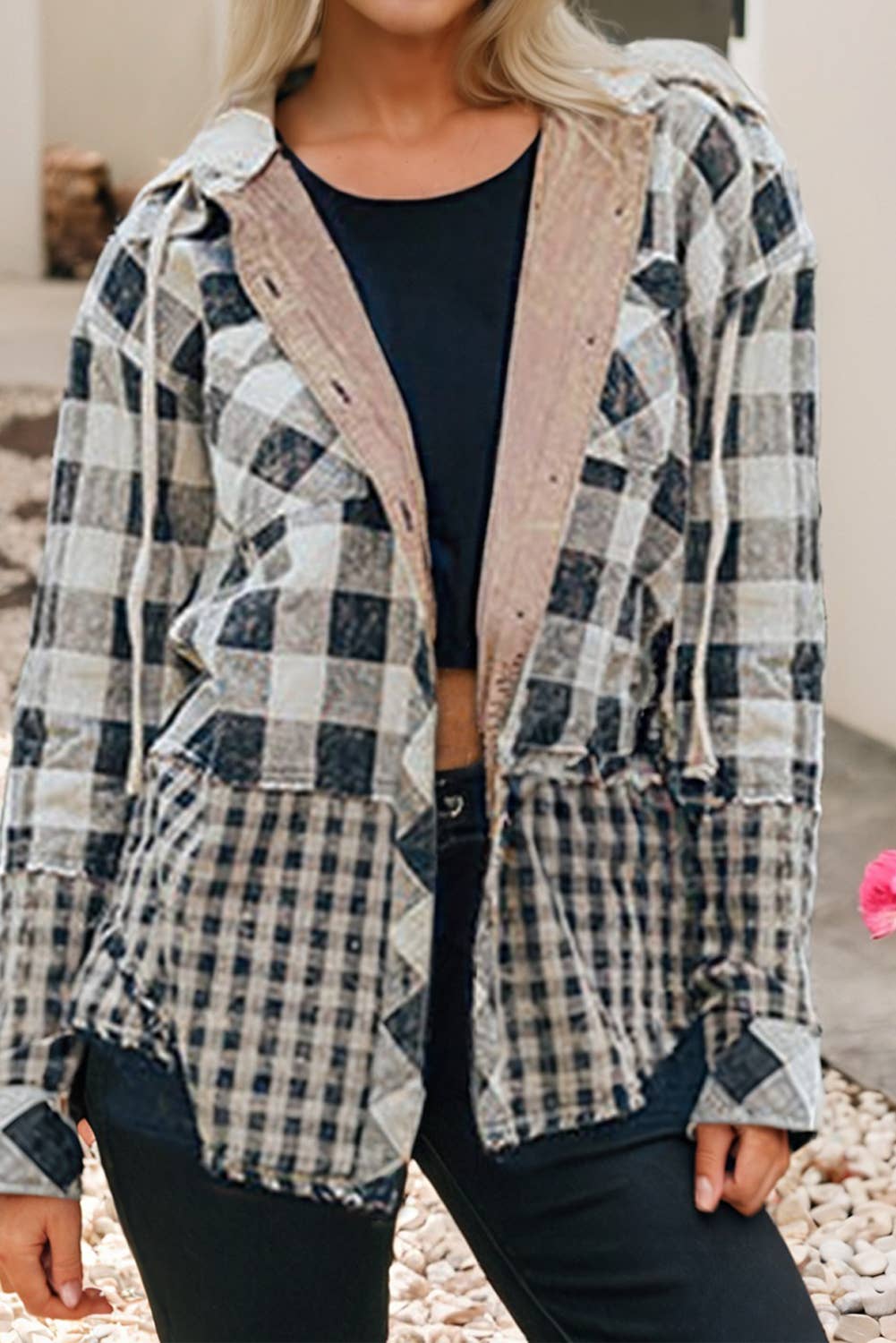 Plaid Patchwork Drawstring Hooded Shacket