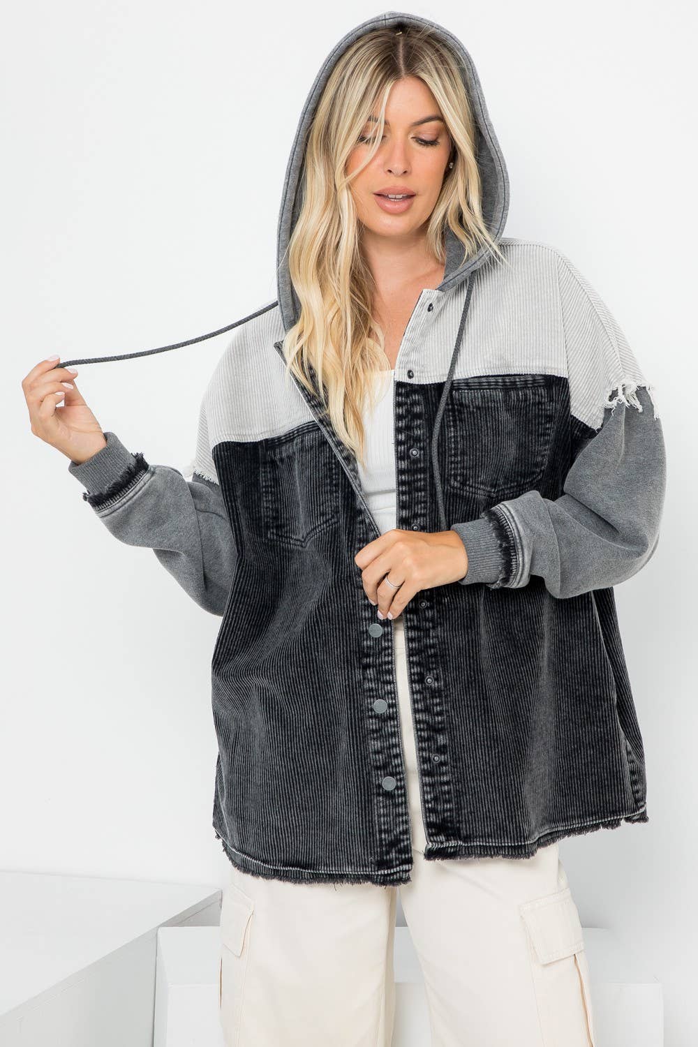 Washed Color Block Hooded Shacket