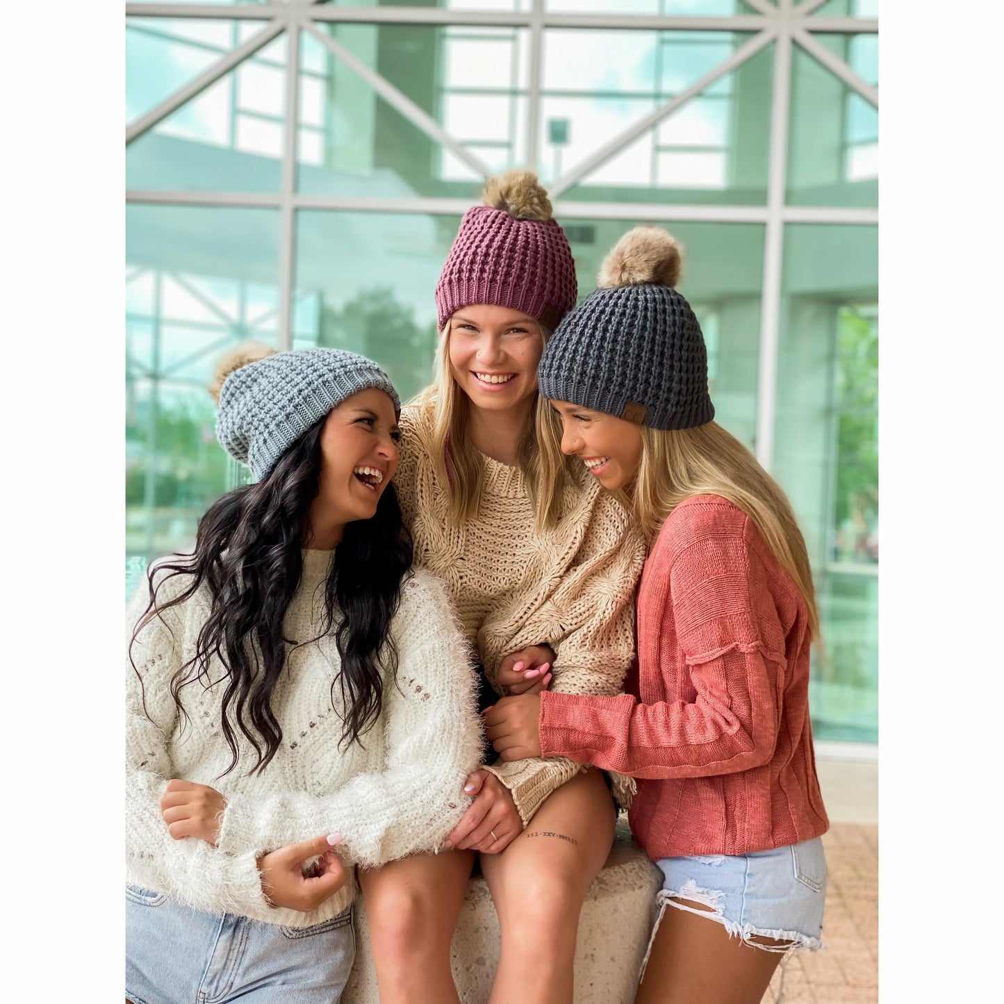 Solid Waffle Stitch Pom CC Beanie