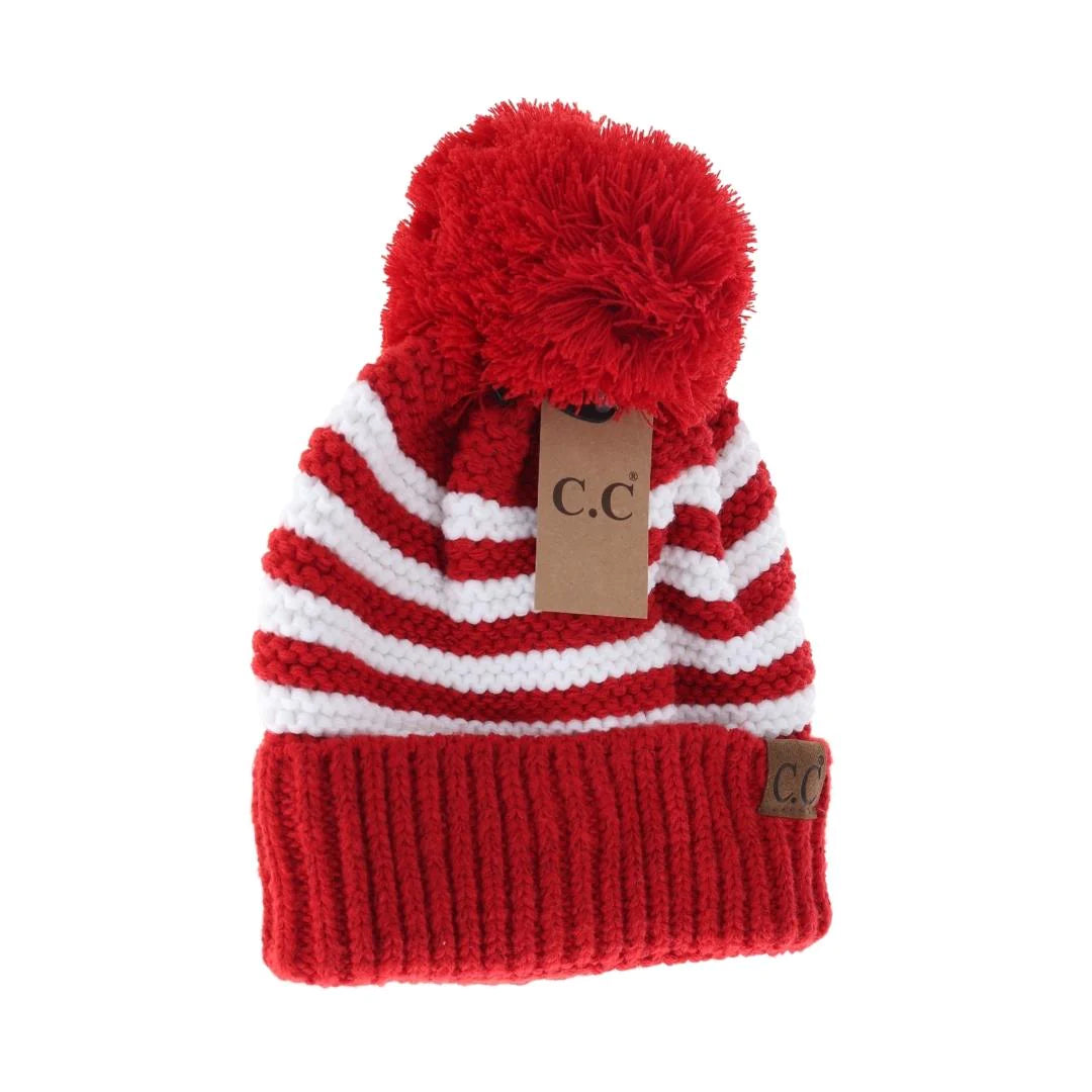 Knit Pom Striped CC Beanie