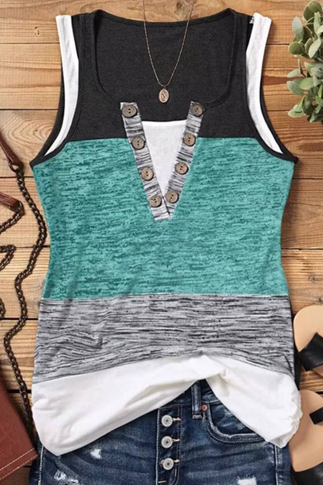 V Neck Button Colorblock Tank Top