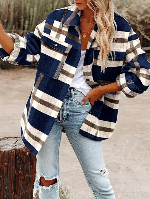 Navy Plaid Flannel Shirt Jacket