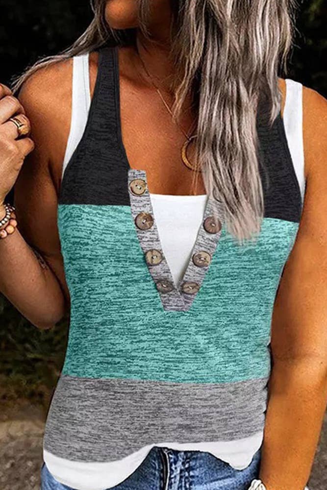 V Neck Button Colorblock Tank Top