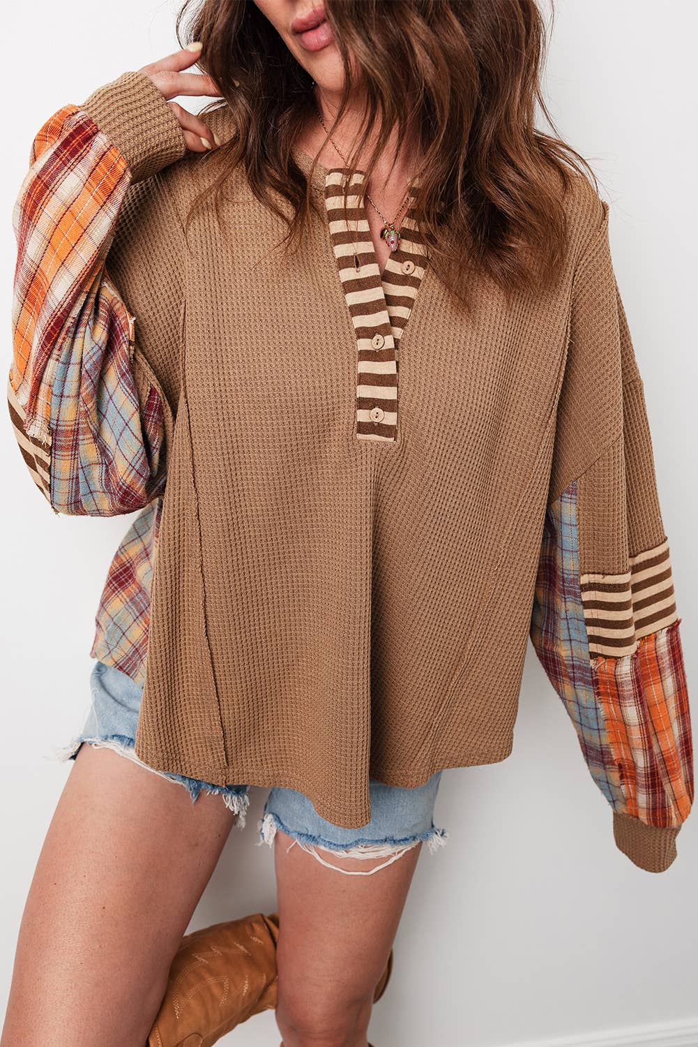 Patchwork Henley Knit Top
