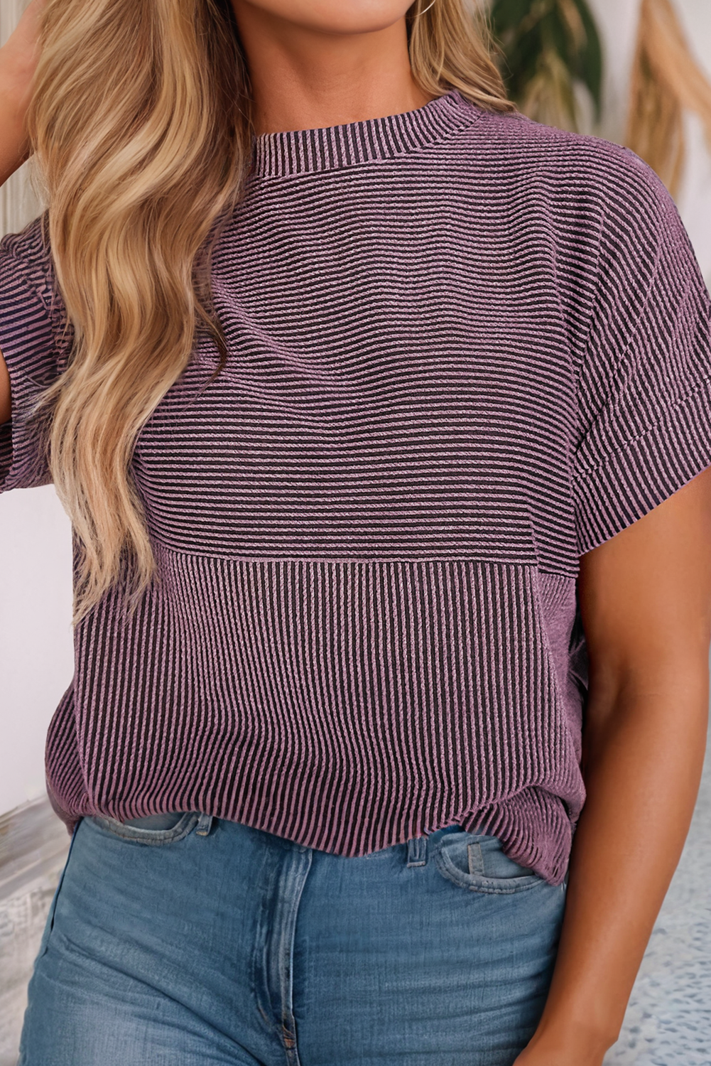 Plain Corded Knit Mock Neck T Shirt