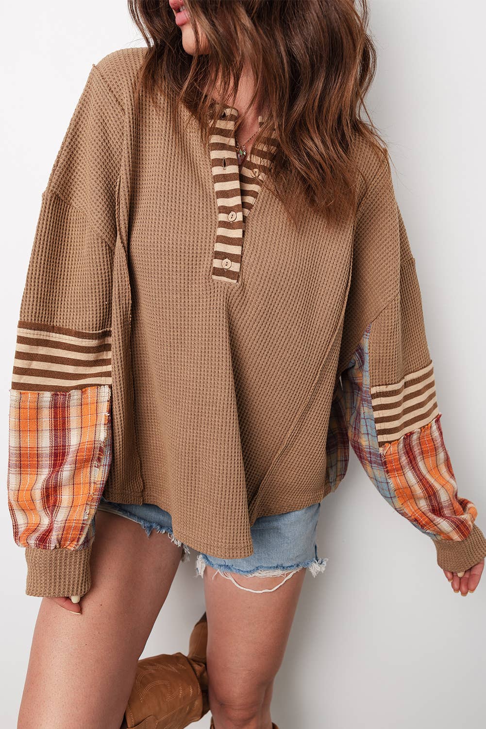 Patchwork Henley Knit Top
