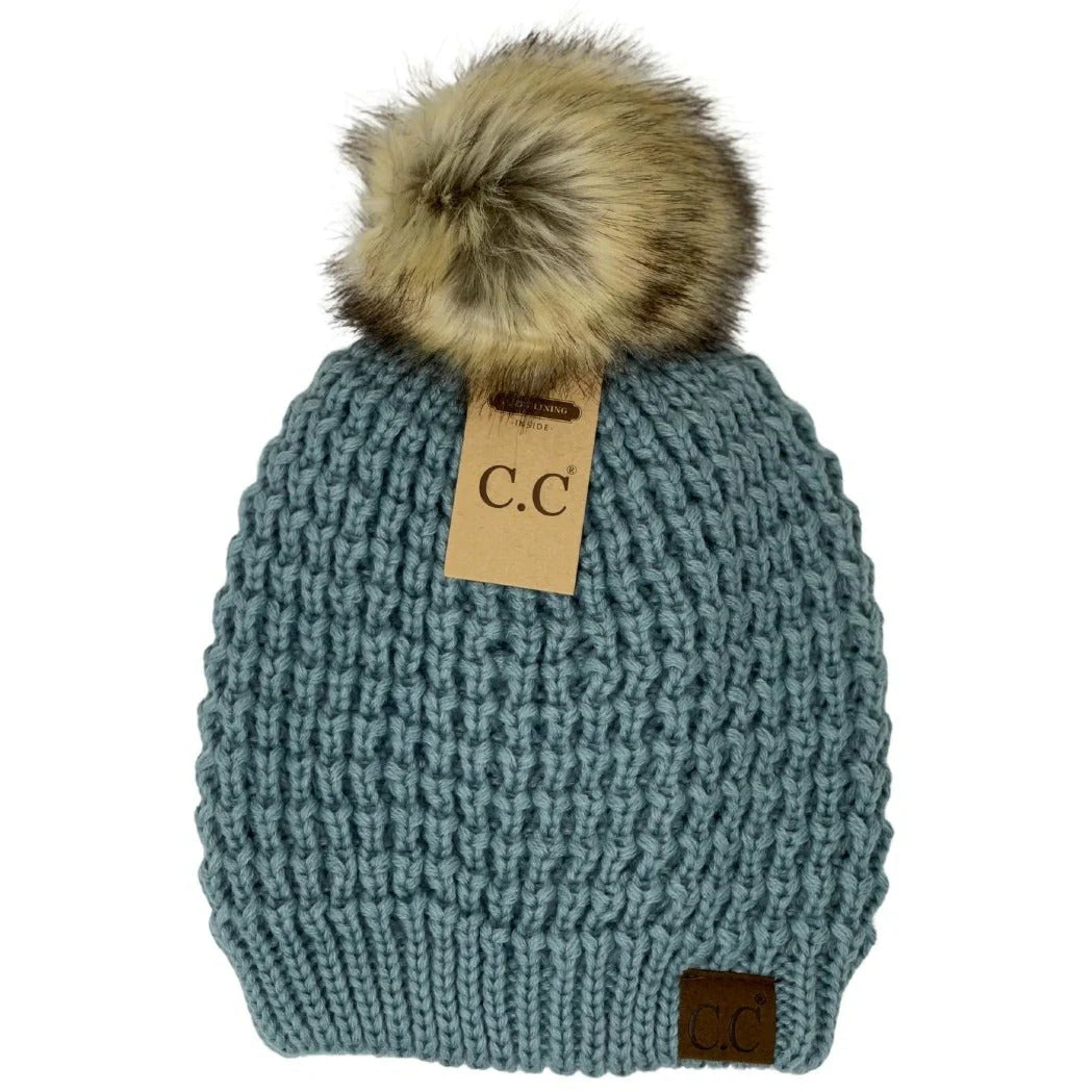 Solid Waffle Stitch Pom CC Beanie