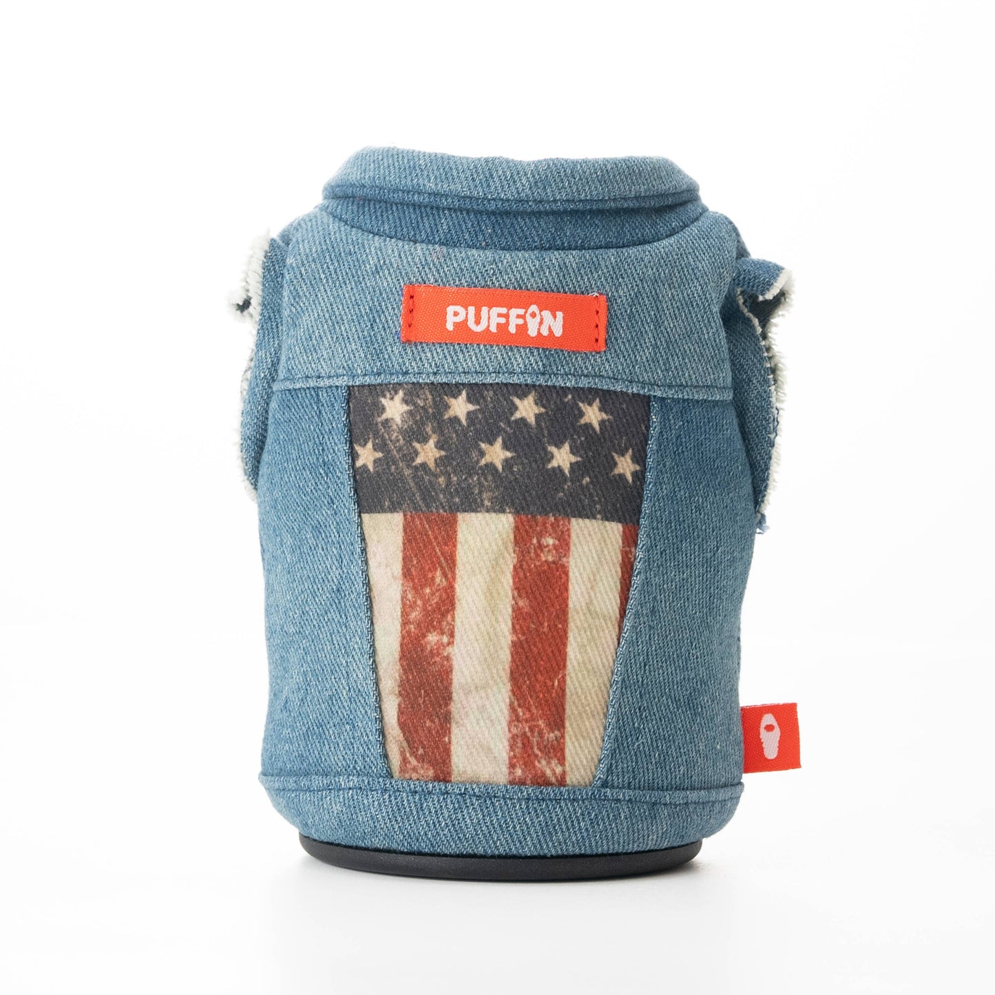 Puffin Can Koozie: The Denim Vest Drink Koozie - Merca