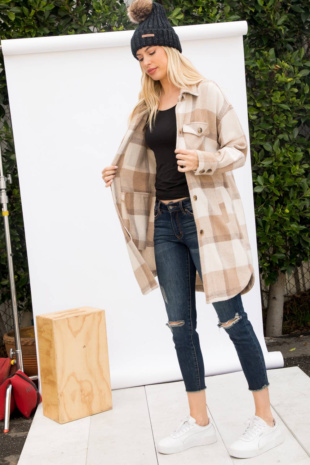 Wool Like Plaid Print Long Shacket