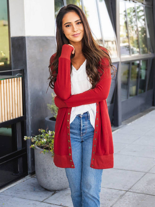 Solid Cleo Snap Cardigan: Red