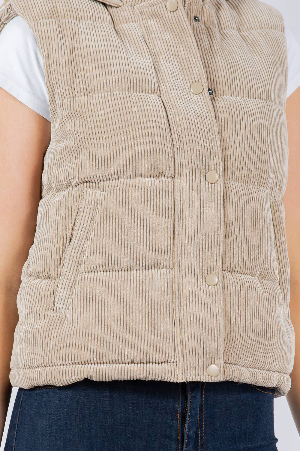 QUILTED CORDUROY HOODED PUFFER VEST
