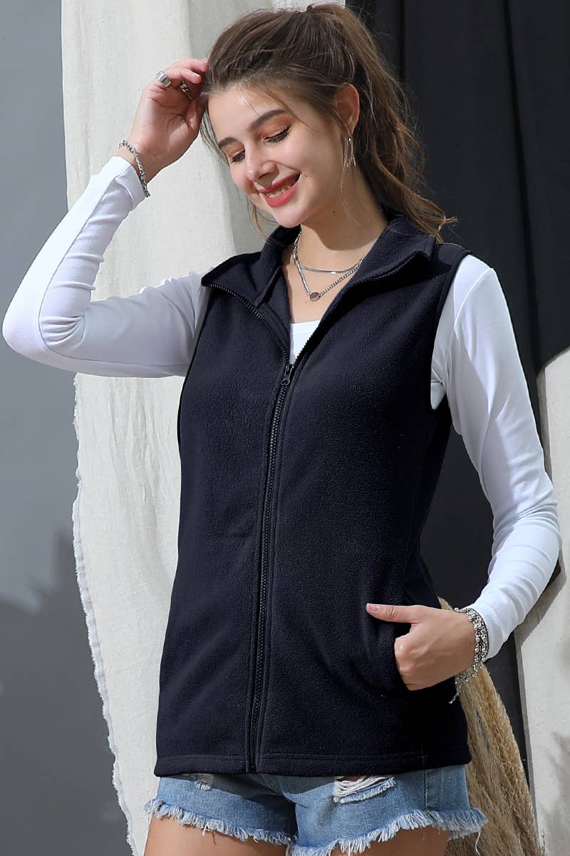 Fleece Vest with Pockets: Plus Size: Black