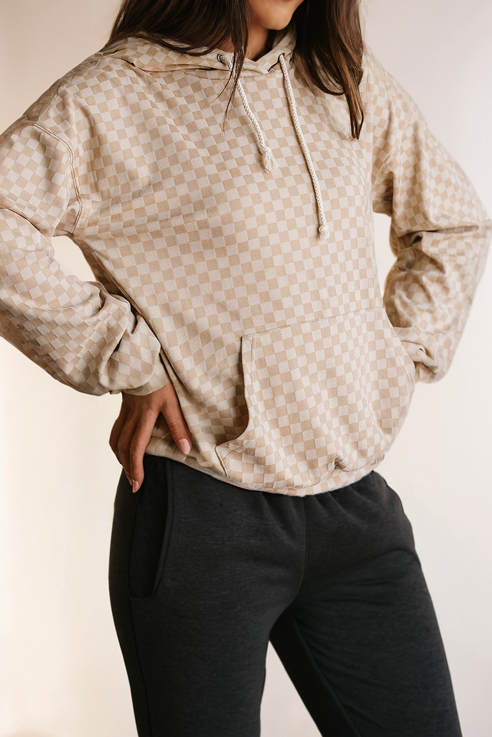 Checkered Drawstring Hoodie in Beige