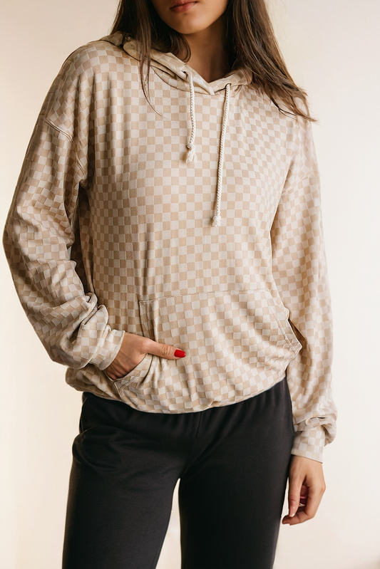 Checkered Drawstring Hoodie in Beige