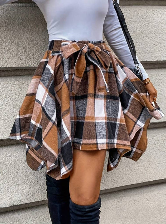 Panelled Checked Lace-Up Skirt
