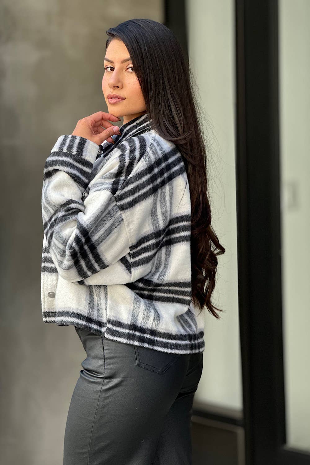Drop Shoulder Cropped Plaid Shacket