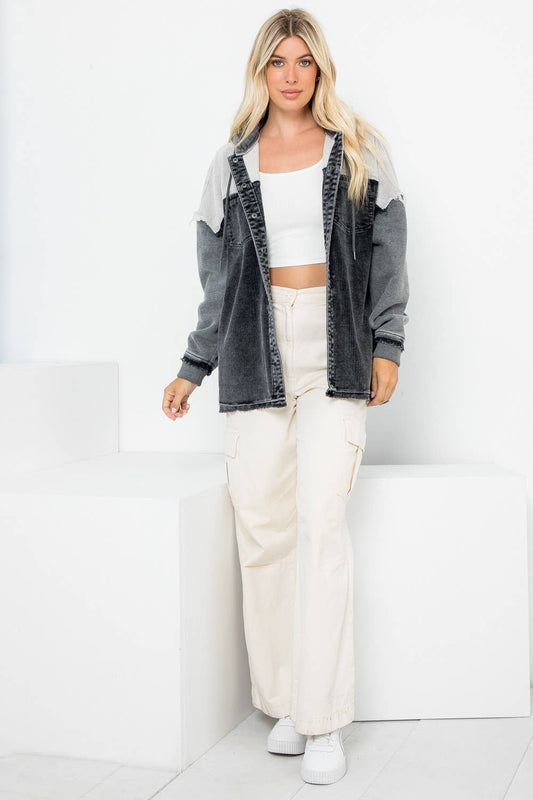 Washed Color Block Hooded Shacket