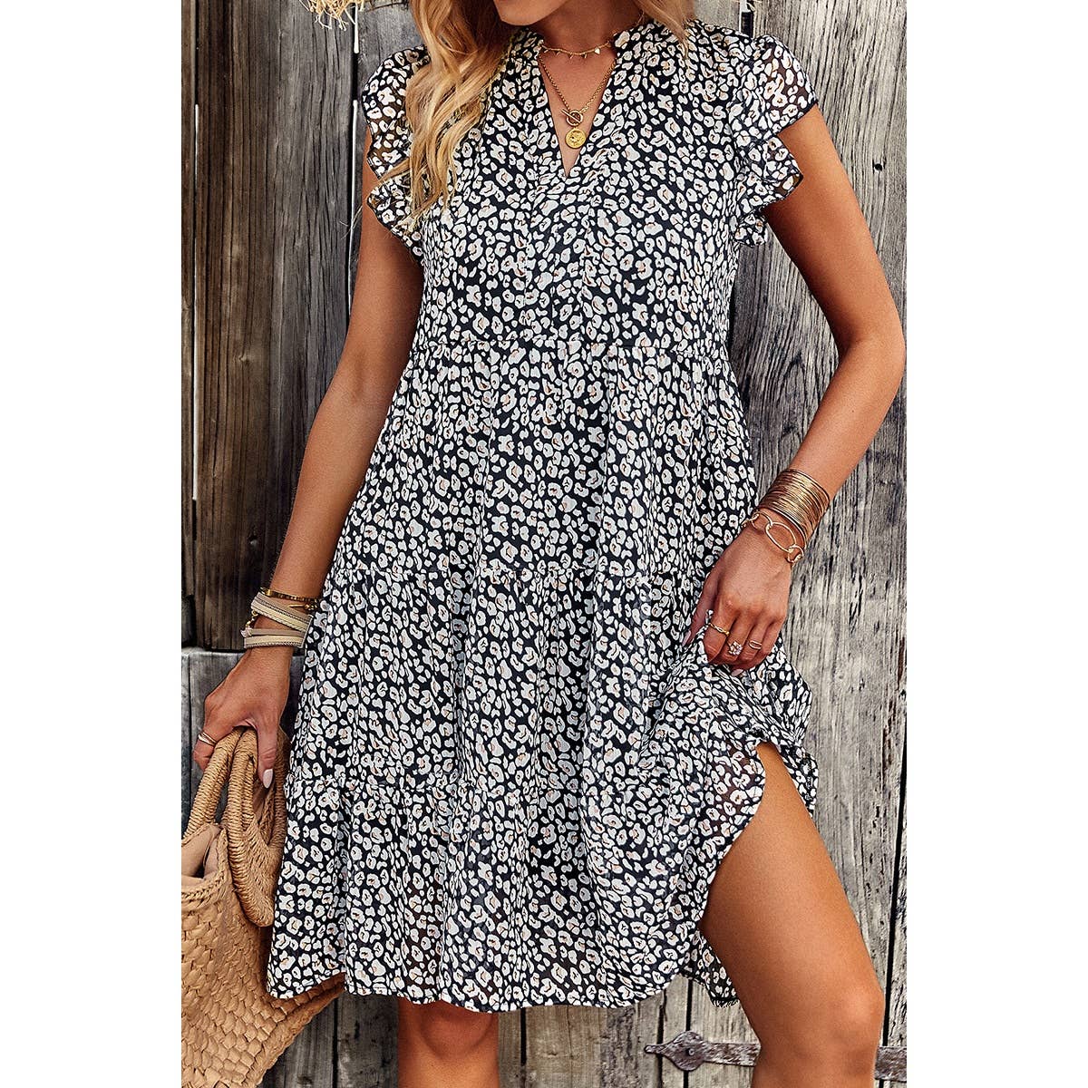 Floral Print V Neck Color Block Ruffle Puff Sleeve Dress