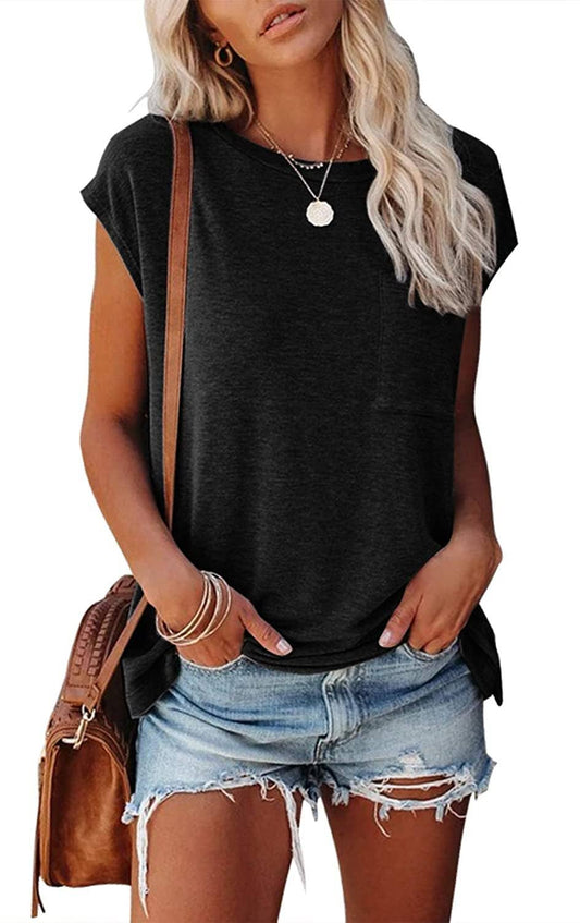 Cap Sleeve Shirts Solid Loose Fit Tops