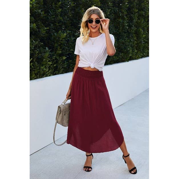 Solid Loose Fit Ruffle Maxi Skirt; Wine