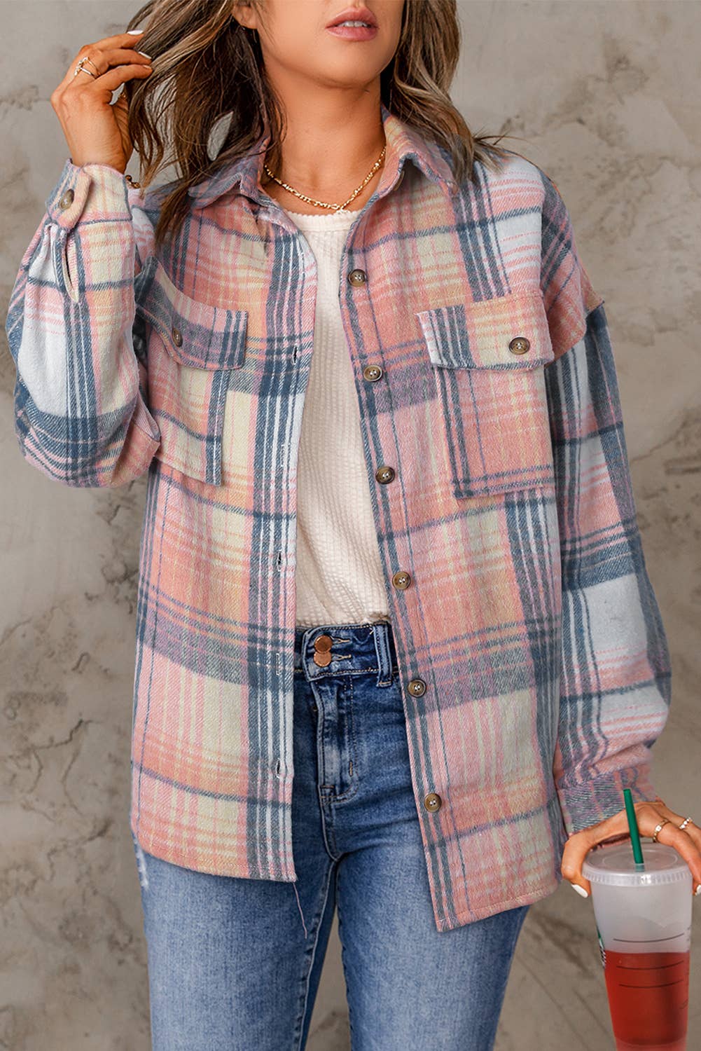 Casual Plaid Flap Pockets Shacket