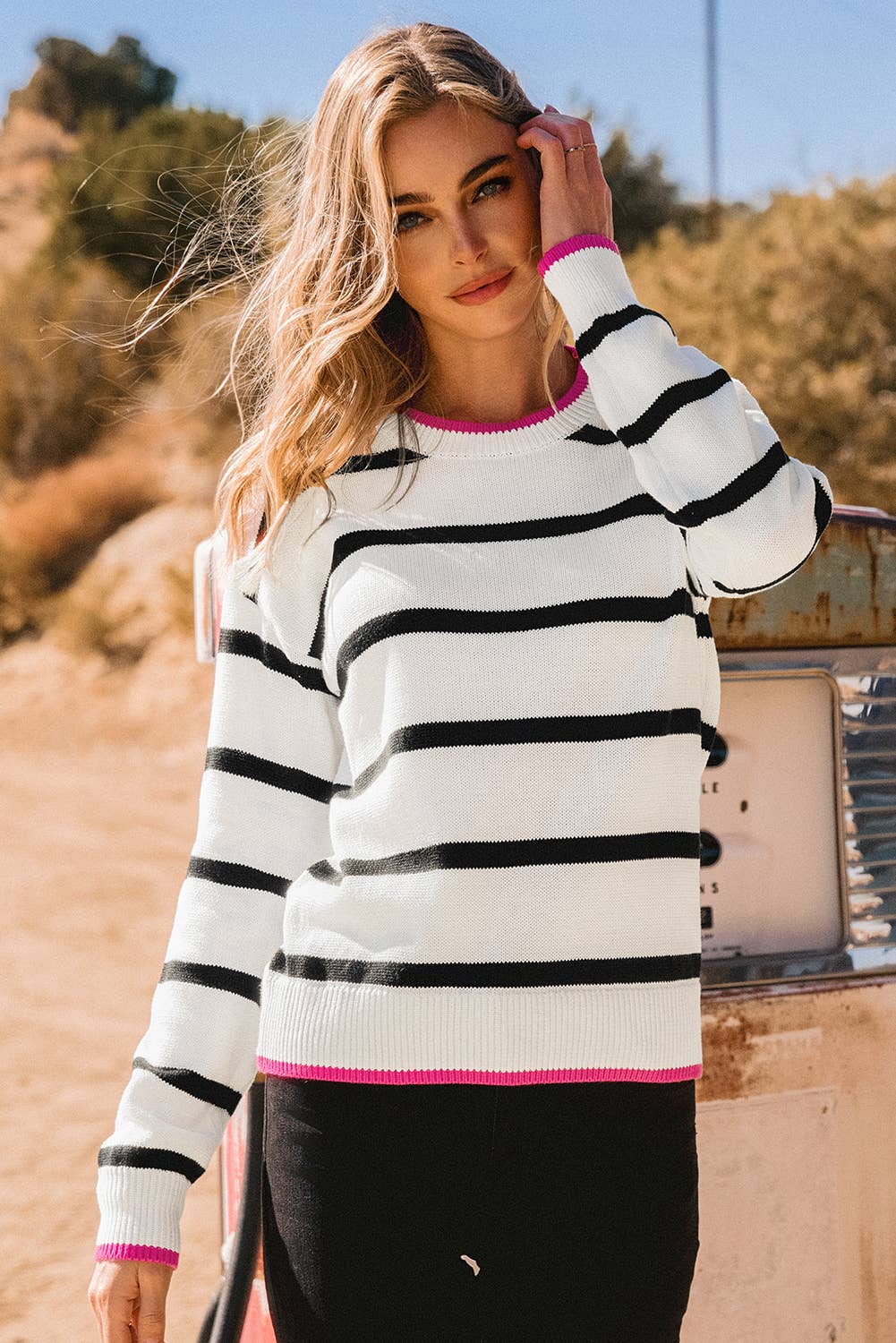 Stripe Contrast Drop Shoulder Sweater