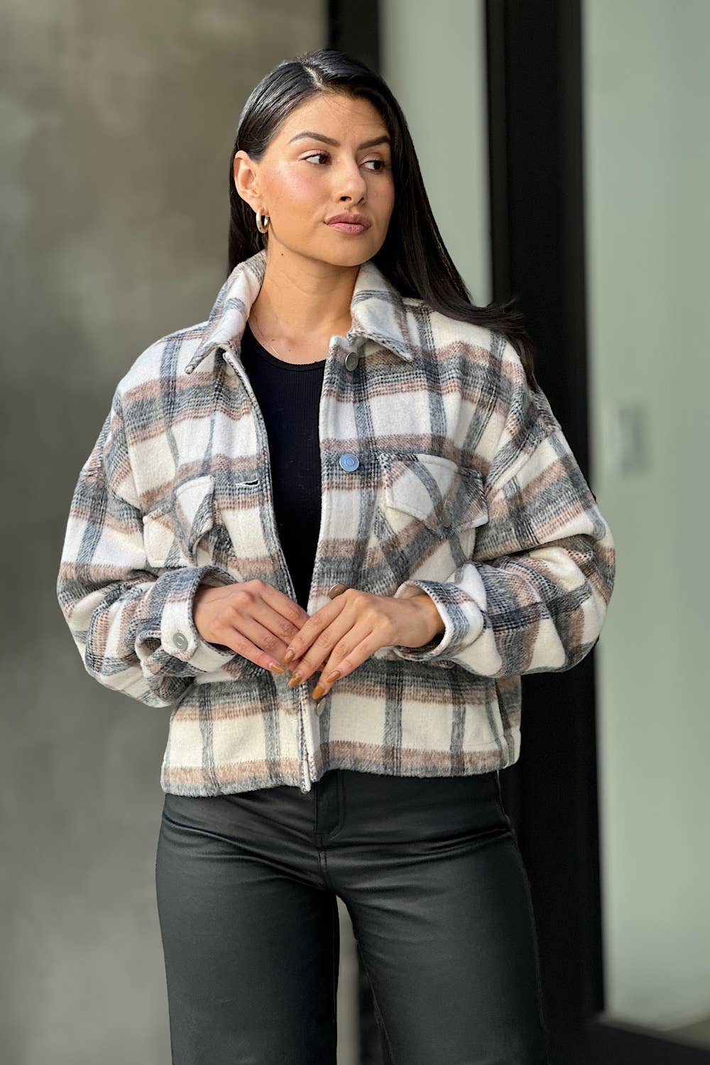 Drop Shoulder Cropped Plaid Shacket
