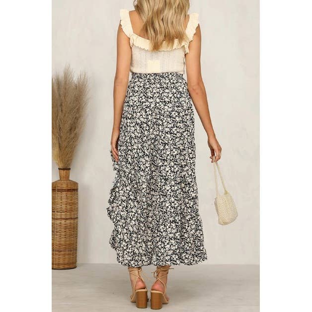 Polka Dot Ruffled Maxi Skirt: Black