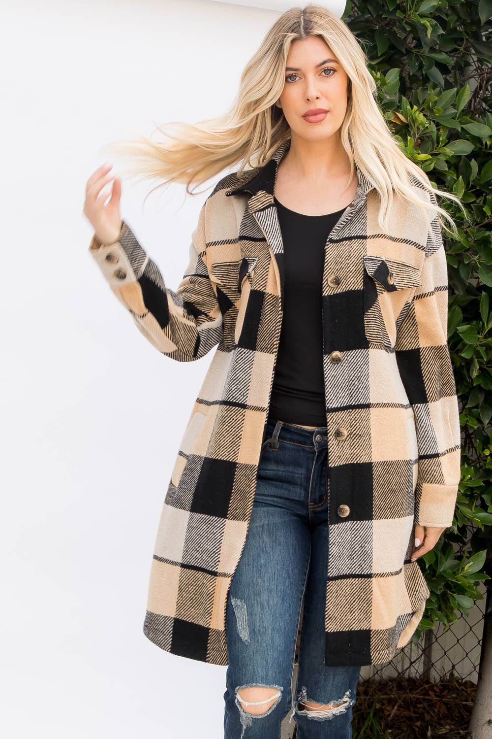 Wool Like Plaid Print Long Shacket