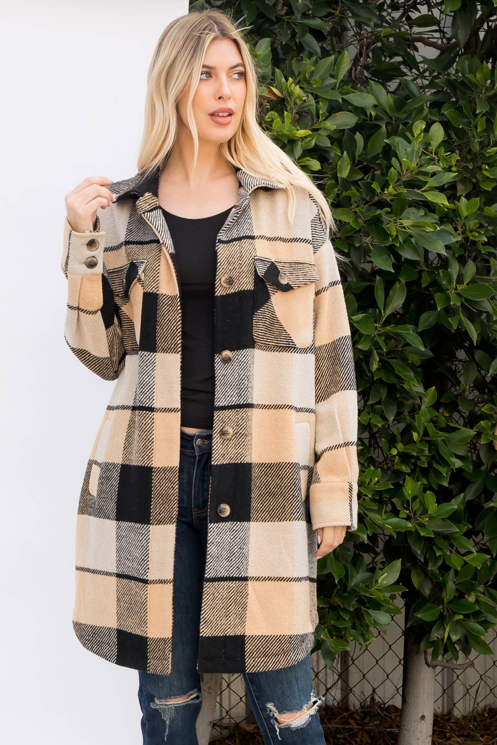 Wool Like Plaid Print Long Shacket