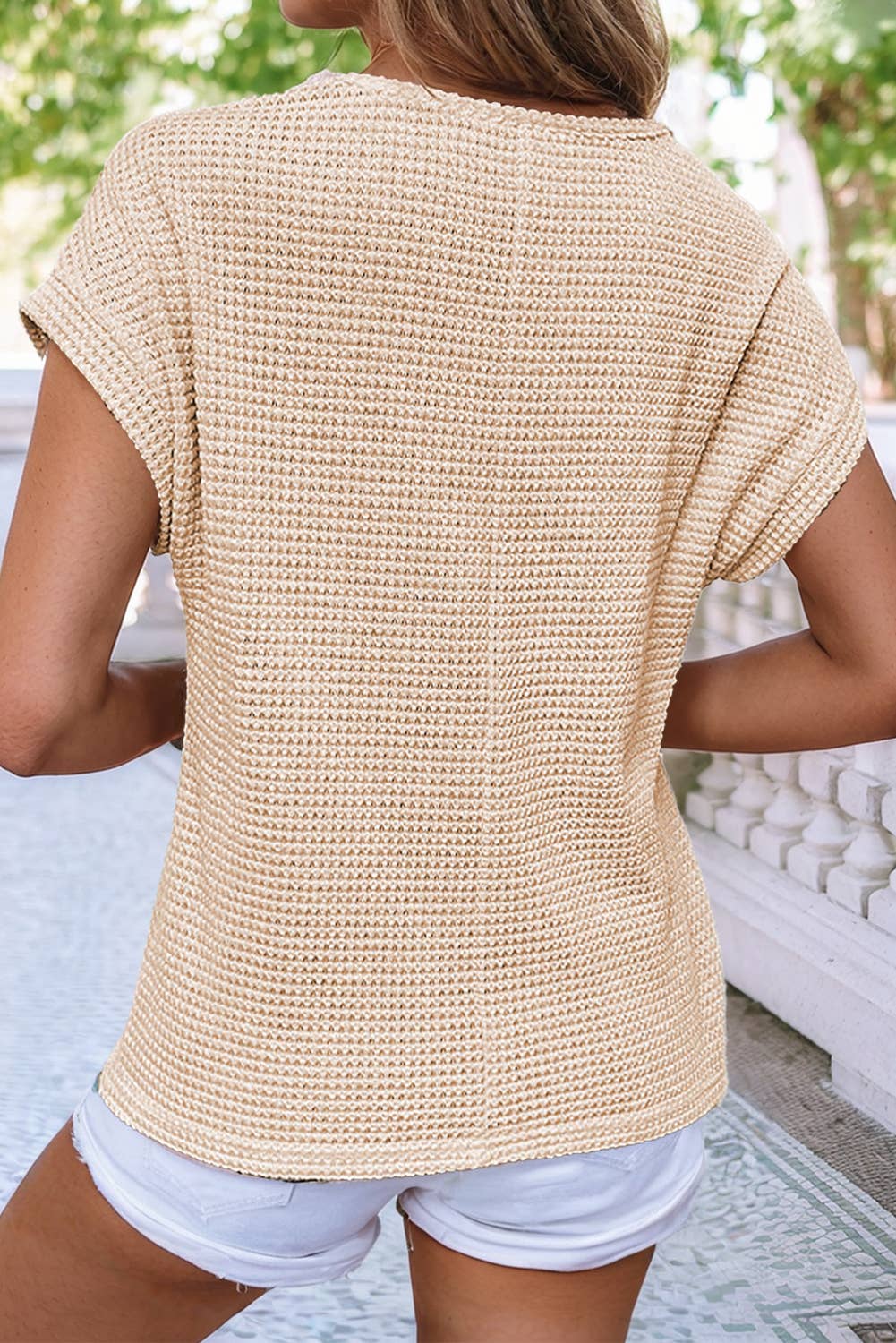 Lace Patchwork Waffle Short Sleeve Top