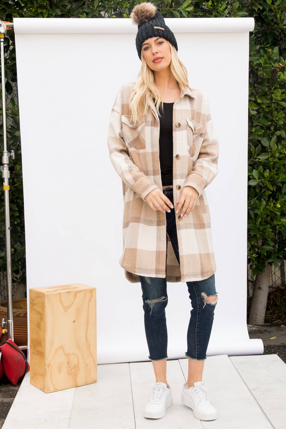 Wool Like Plaid Print Long Shacket
