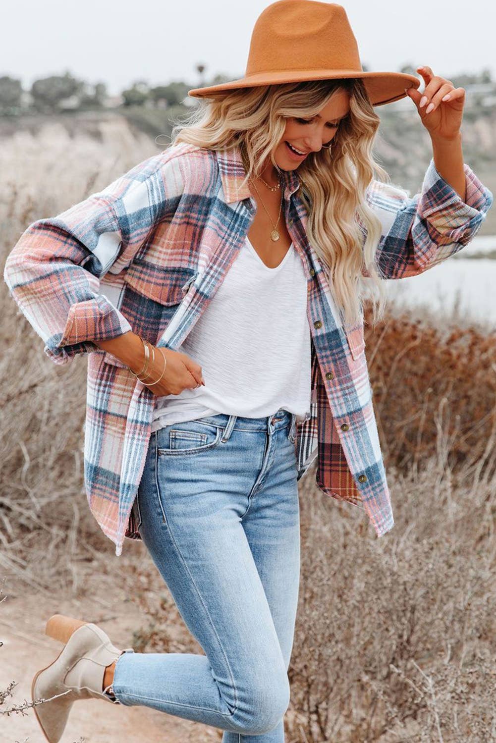 Casual Plaid Flap Pockets Shacket