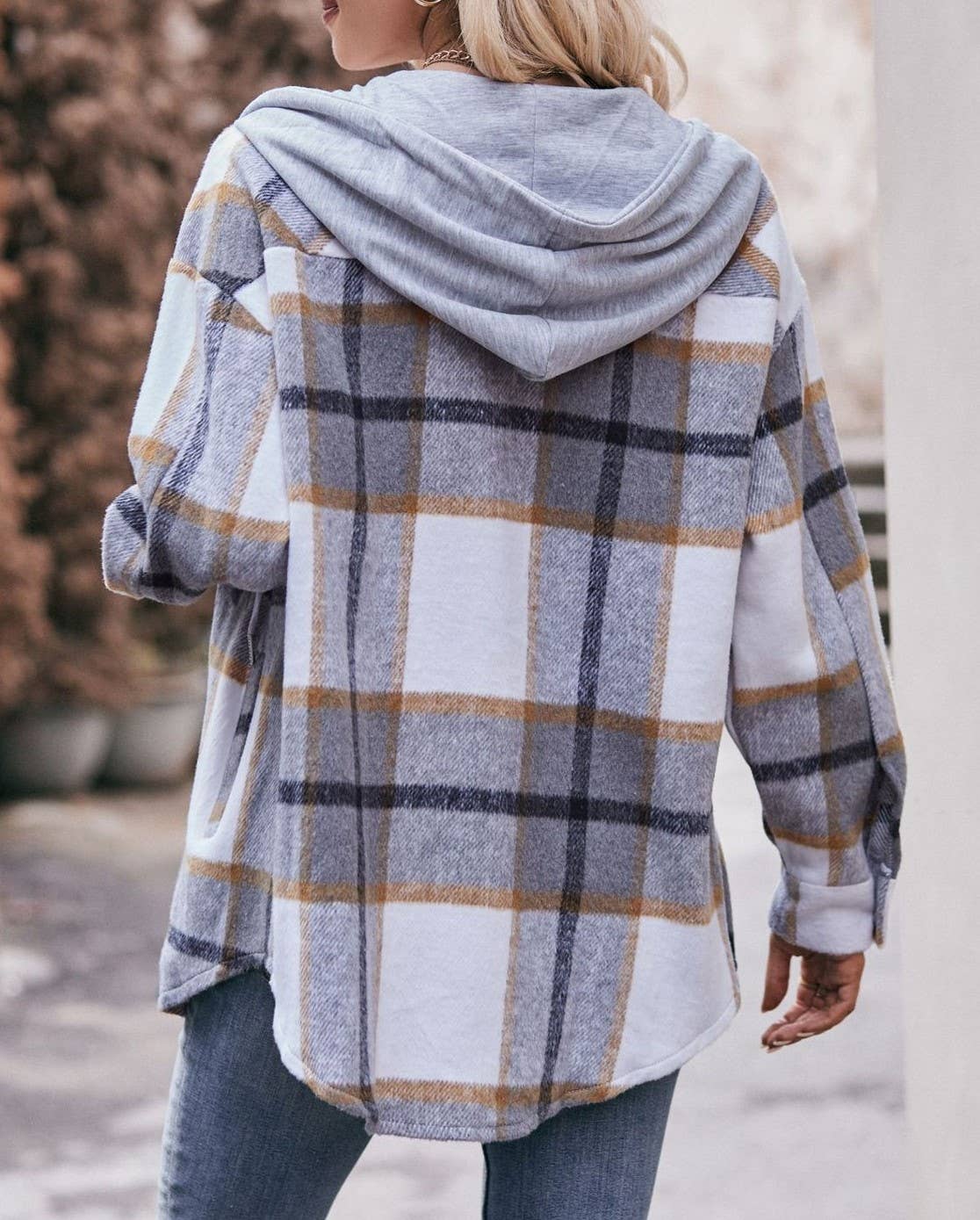 Hooded Midi Plaid Shirt Jacket